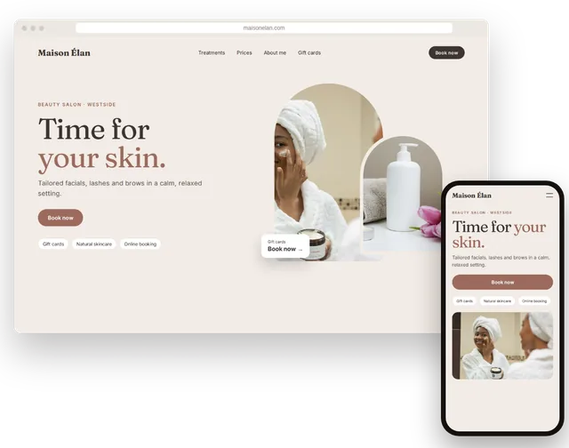 Example beauty salon website with treatments and booking button on a laptop and smartphone