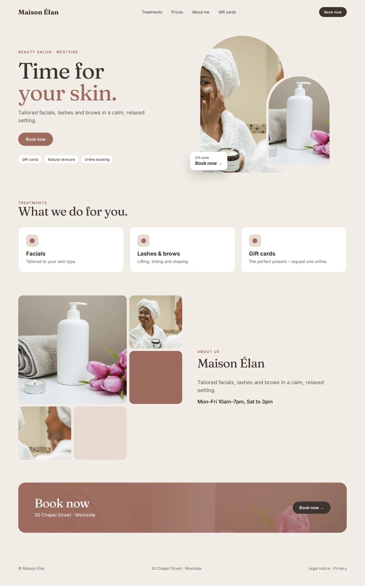 Complete example website for beauty salons on desktop: Maison Élan