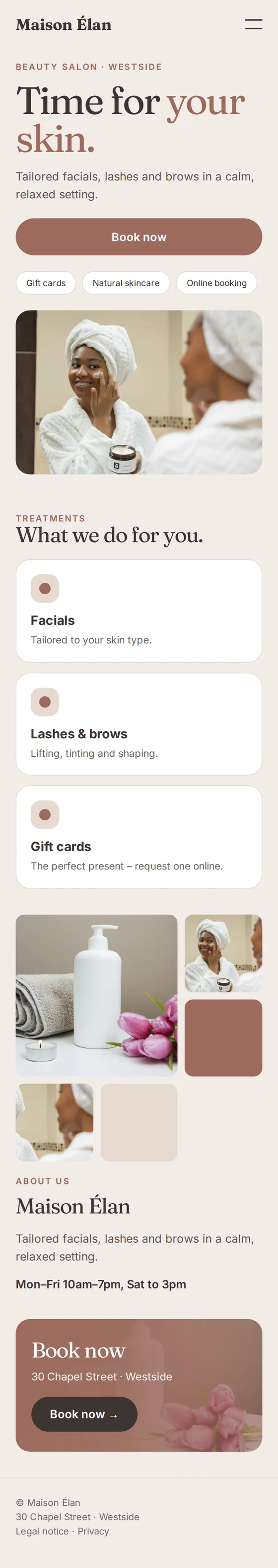 Mobile view of the example website for beauty salons