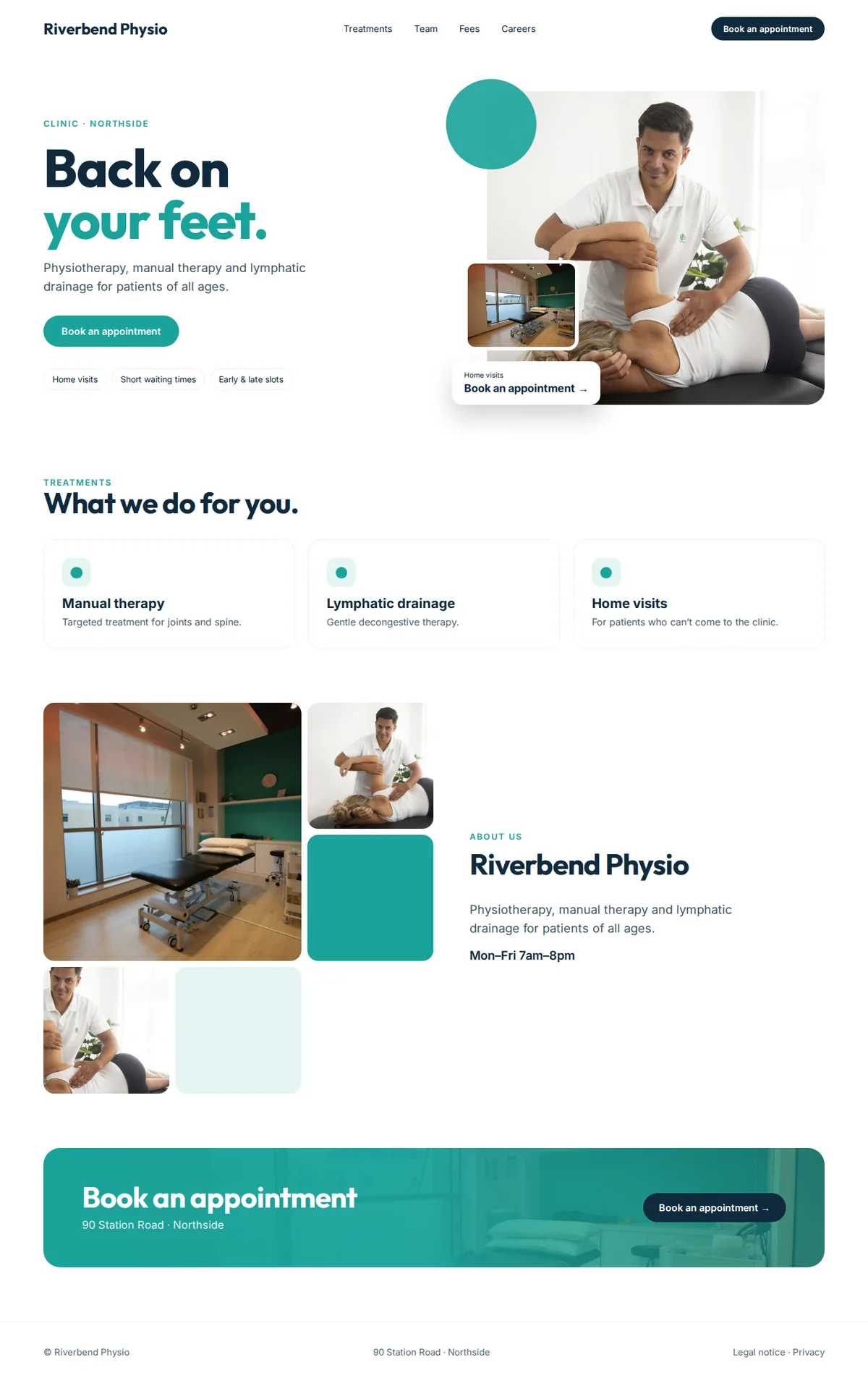 Complete example website for physiotherapy practices on desktop: Riverbend Physio