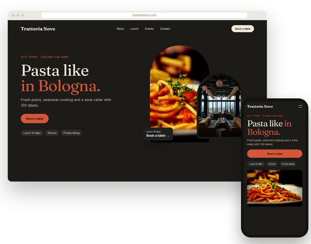 Example restaurant website with menu and reservation button on a laptop and smartphone