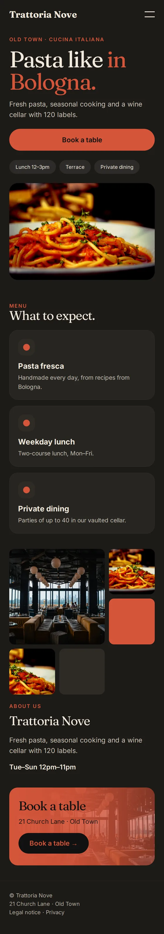 Mobile view of the example restaurant website