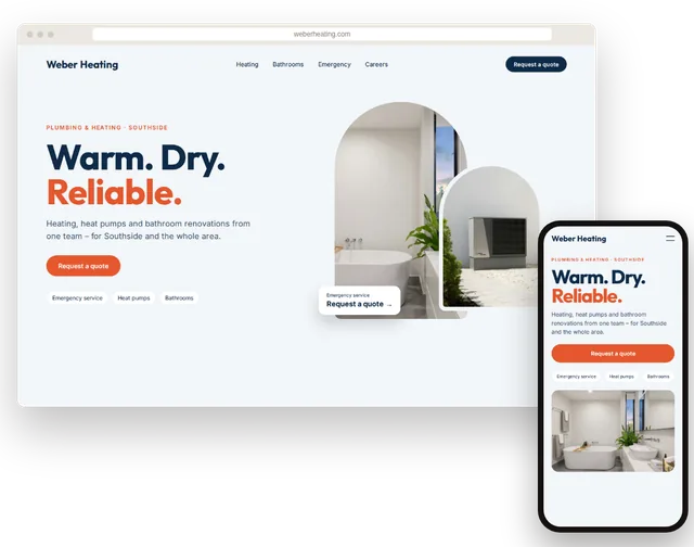 Example plumbing and heating website with emergency button on a laptop and smartphone