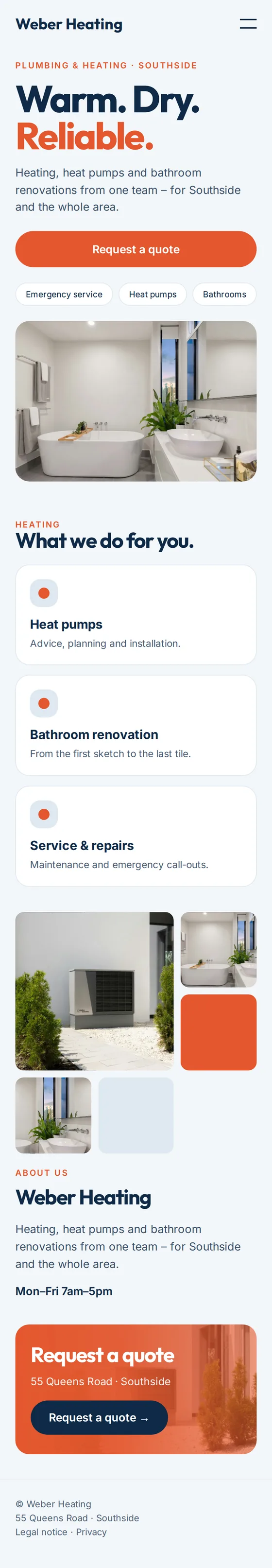 Mobile view of the example website for plumbing and heating businesses
