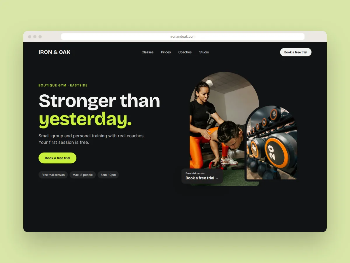Concept website for IRON & OAK, a boutique gym in Eastside