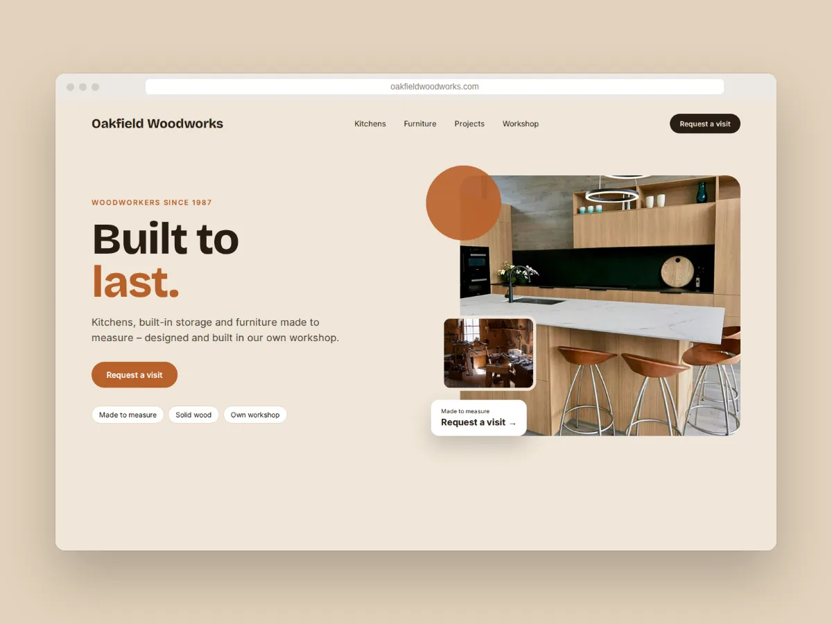 Concept website for Oakfield Woodworks, a carpentry workshop in Oakfield