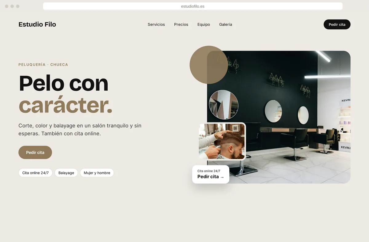 Web moderna de la peluquería Estudio Filo con el titular «Pelo con carácter» y cita online