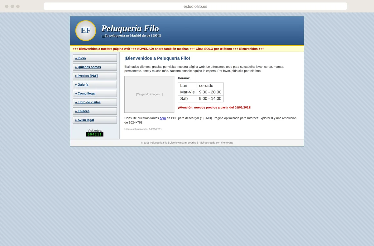 Web anticuada de 2011 de la Peluquería Filo con contador de visitas, texto en movimiento y lista de precios en PDF
