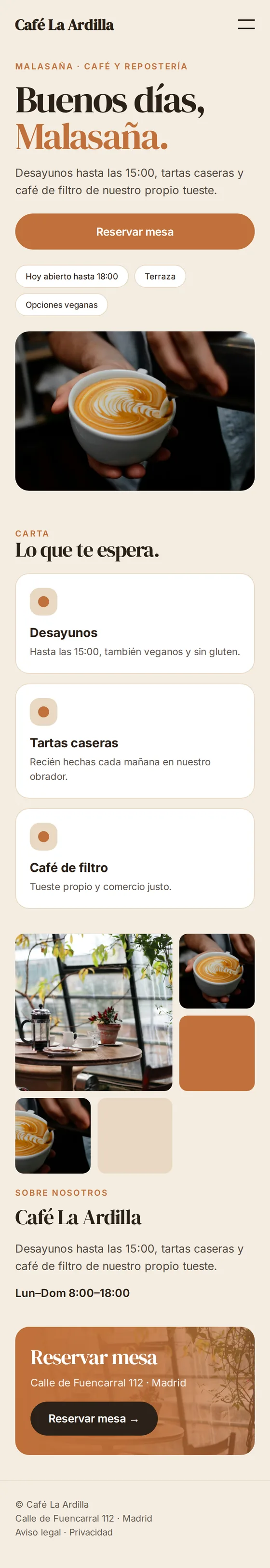 Vista móvil de la página web de ejemplo para cafeterías
