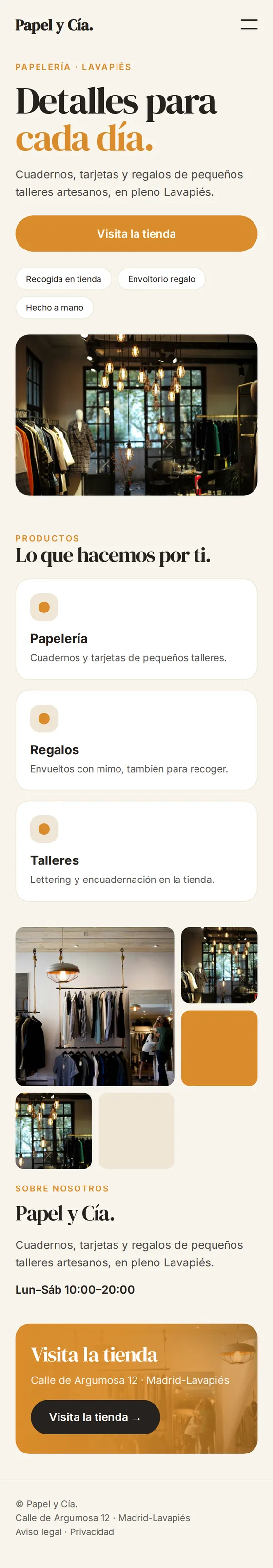 Vista móvil de la página web de ejemplo para tiendas y comercios locales