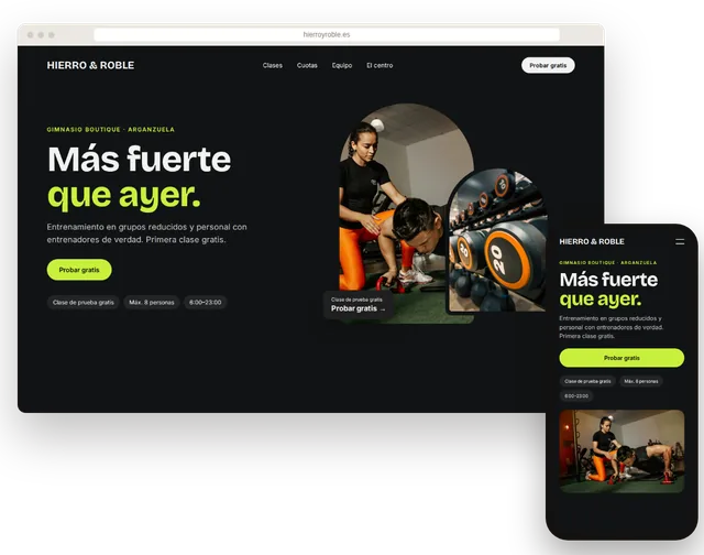 Página web de ejemplo para un gimnasio con horario de clases y botón de clase de prueba en un portátil y un móvil