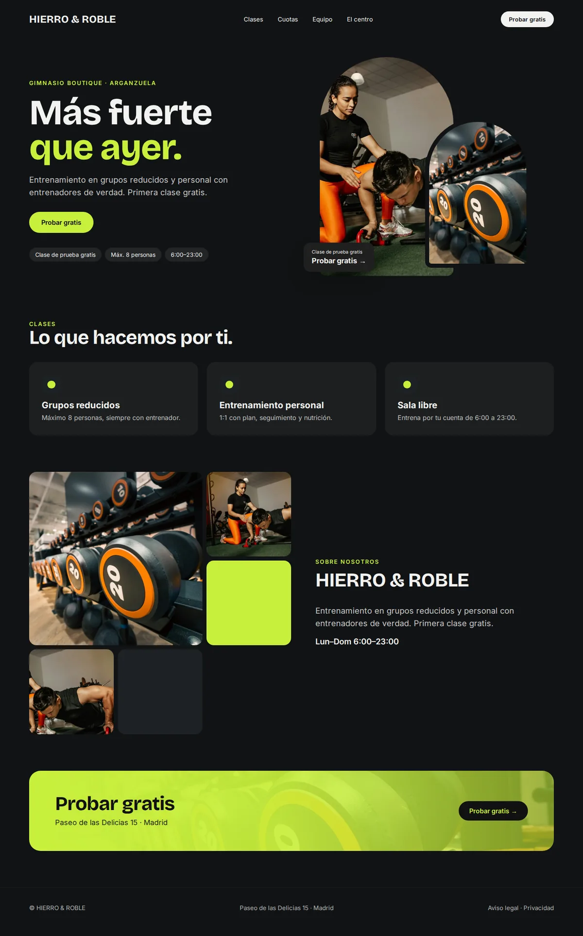 Página web de ejemplo completa para gimnasios y entrenadores personales en ordenador: HIERRO & ROBLE
