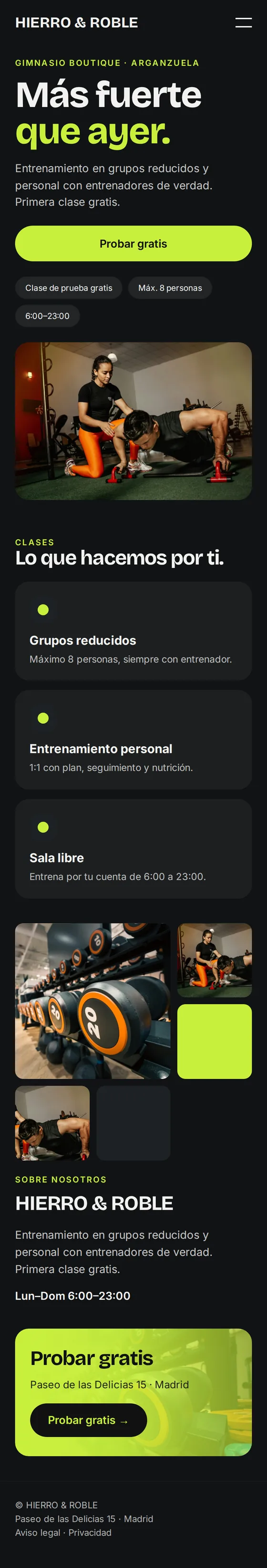 Vista móvil de la página web de ejemplo para gimnasios y entrenadores personales