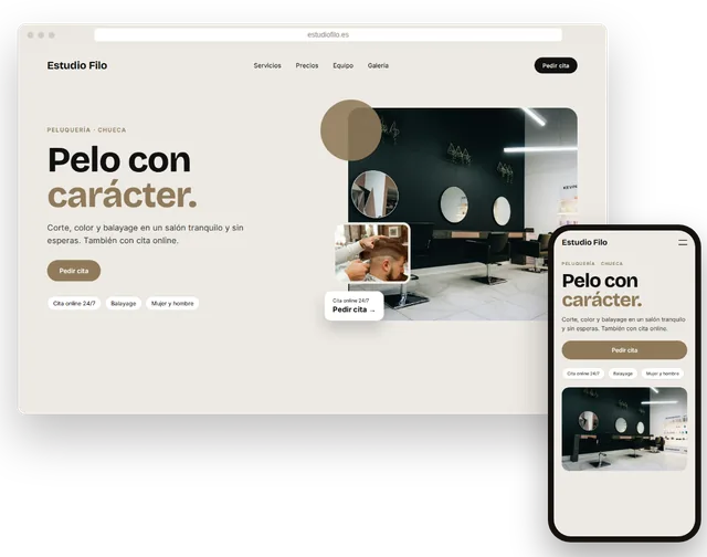 Página web de ejemplo para una peluquería con lista de precios y botón de cita en un portátil y un móvil