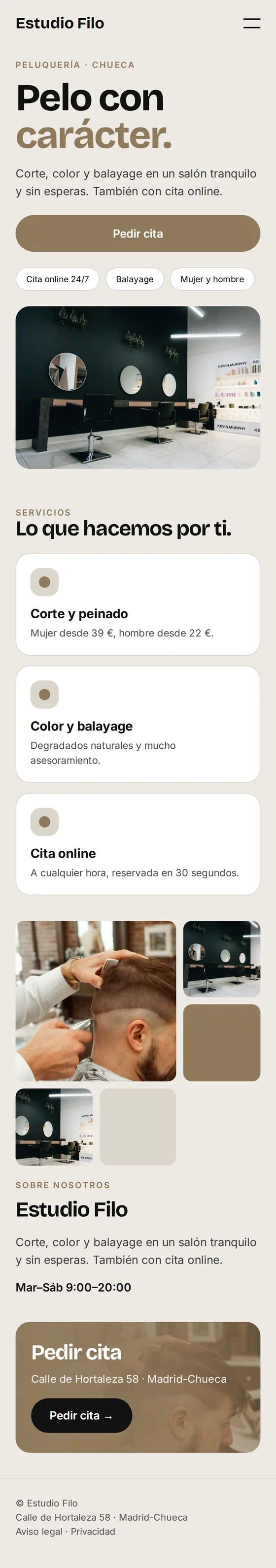 Vista móvil de la página web de ejemplo para peluquerías y barberías
