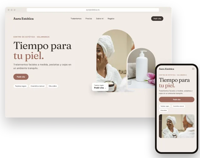Página web de ejemplo para un centro de estética con tratamientos y botón de cita en un portátil y un móvil