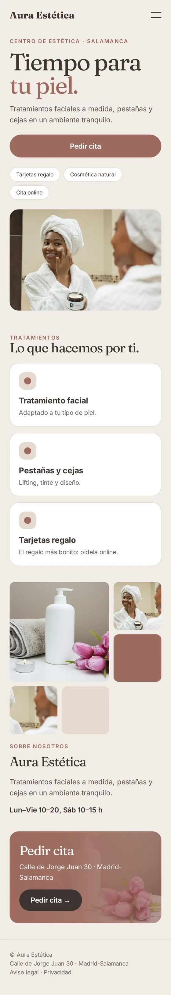 Vista móvil de la página web de ejemplo para centros de estética