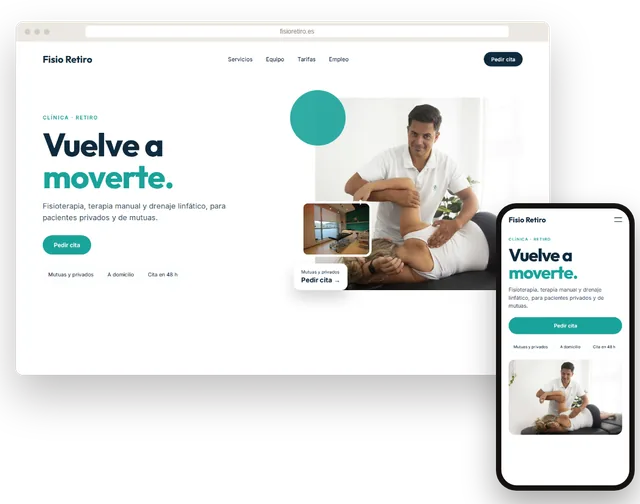 Página web de ejemplo para una clínica de fisioterapia con tratamientos y botón de cita en un portátil y un móvil