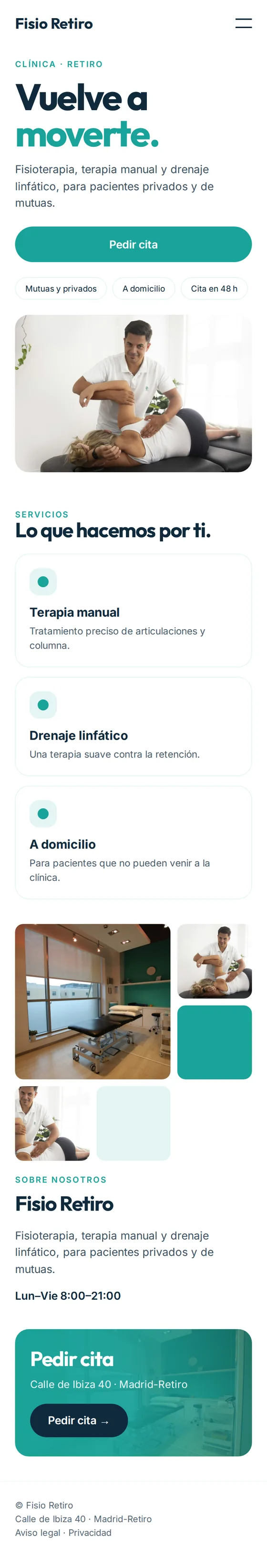 Vista móvil de la página web de ejemplo para clínicas de fisioterapia