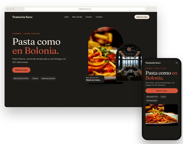 Página web de ejemplo para un restaurante con carta y botón de reserva en un portátil y un móvil
