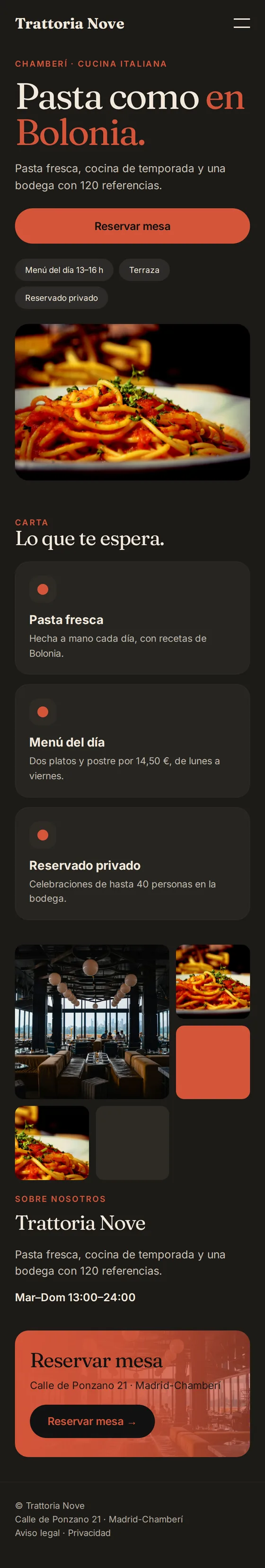 Vista móvil de la página web de ejemplo de la Trattoria Nove