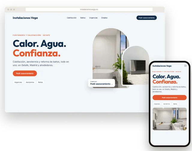 Página web de ejemplo para fontanería y calefacción con botón de urgencias en un portátil y un móvil