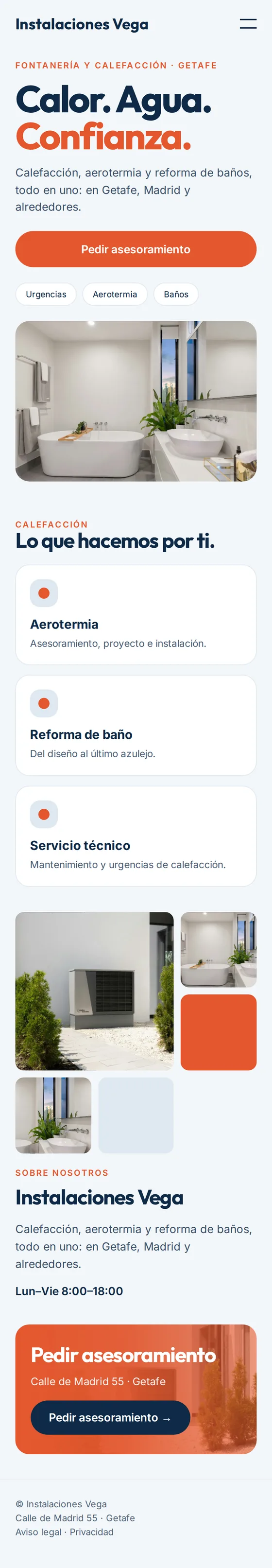 Vista móvil de la página web de ejemplo para fontaneros y empresas de calefacción