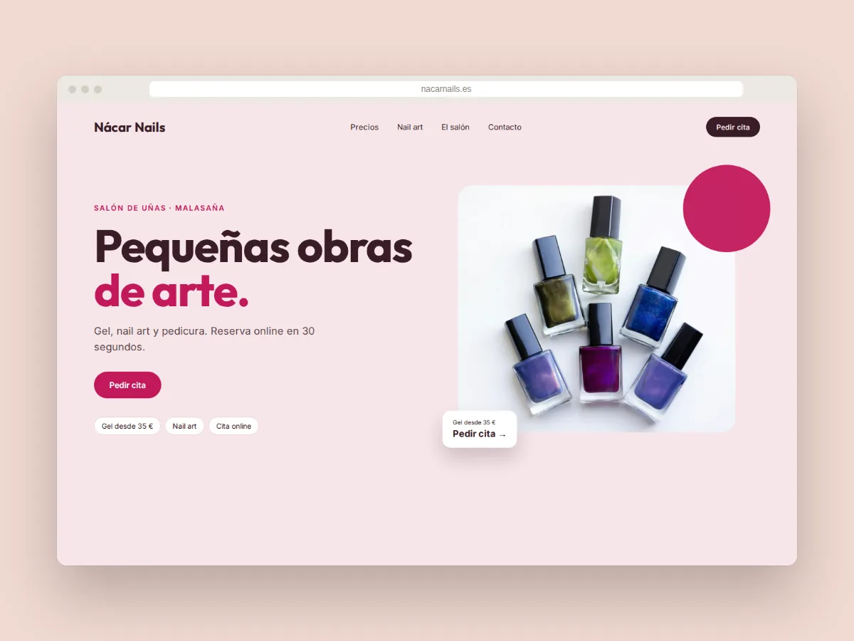 Diseño de página web para el salón de uñas Nácar Nails de Madrid, con botón «Pedir cita»