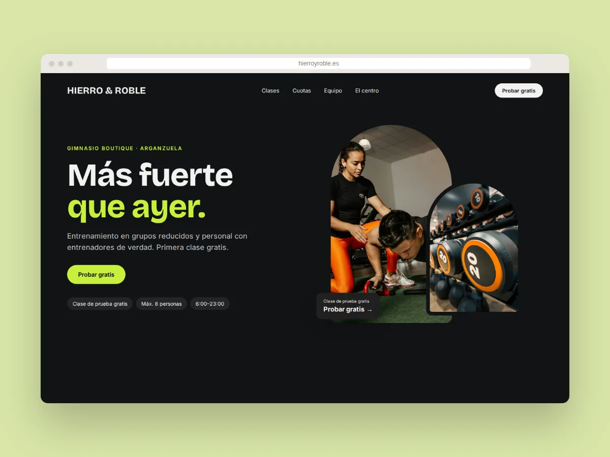 Diseño de página web para el gimnasio boutique HIERRO & ROBLE con botón «Probar gratis»