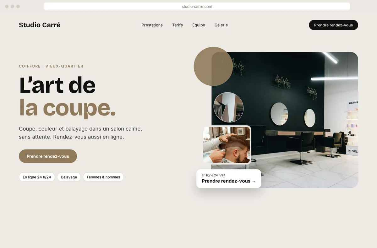Site de salon de coiffure moderne avec un message clair et la réservation en ligne