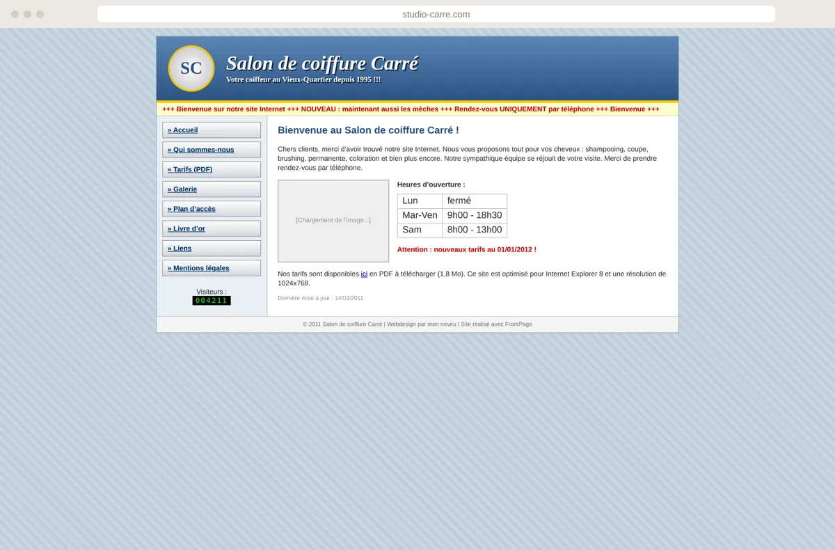 Site de salon de coiffure vieillissant avec compteur de visites, texte défilant et tarifs en PDF