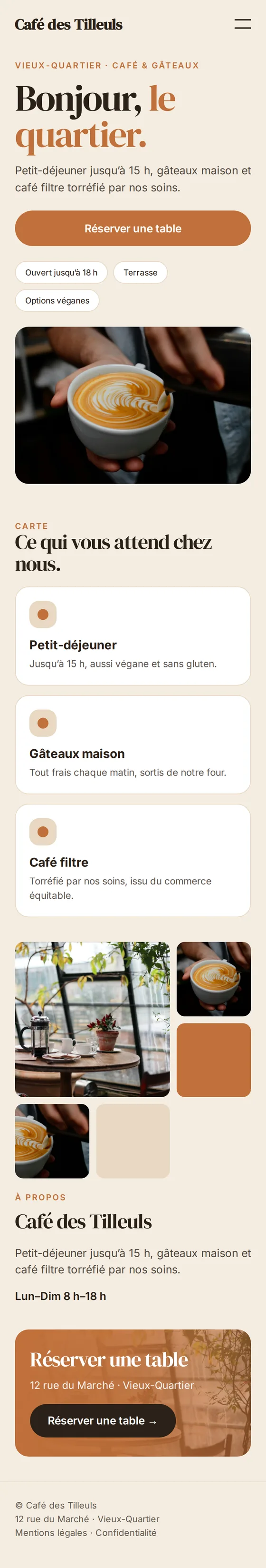 Version mobile de l’exemple de site Web pour les cafés