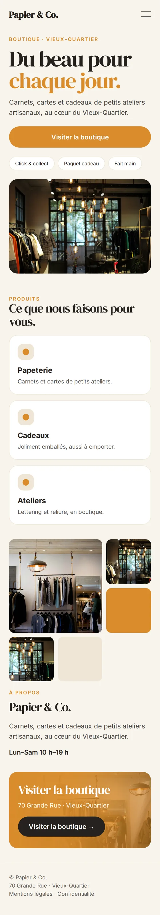 Version mobile de l’exemple de site internet pour les commerces et boutiques
