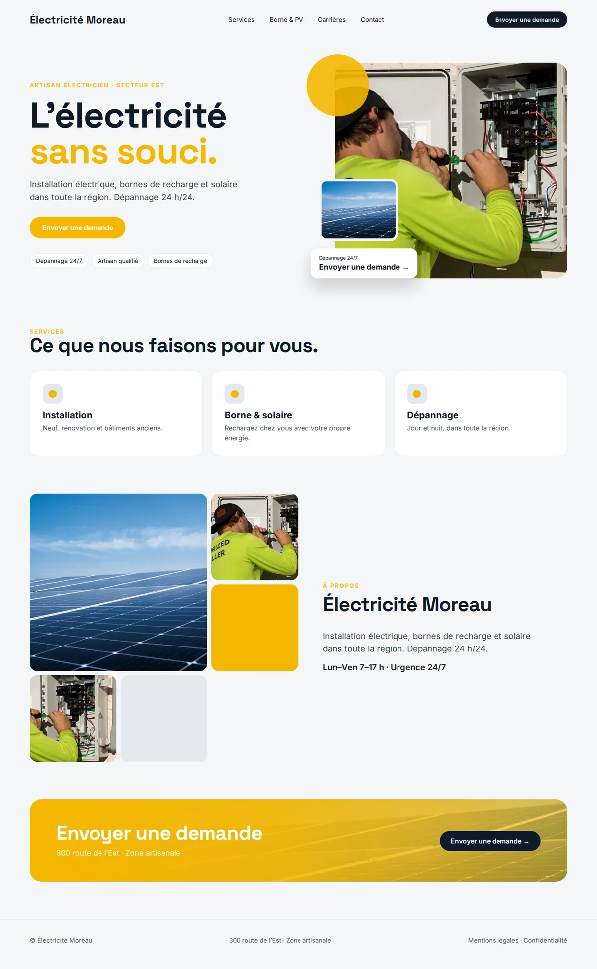 Exemple de site Web complet pour les entrepreneurs électriciens sur ordinateur : Électricité Moreau