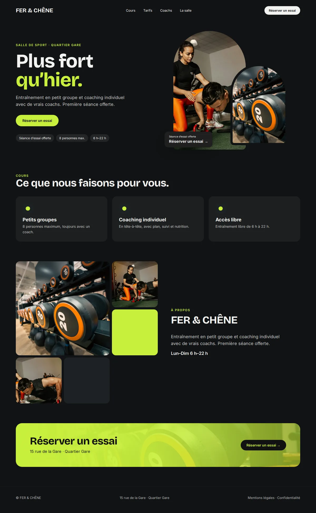 Exemple de site Web complet pour les centres d’entraînement et entraîneurs privés sur ordinateur : FER & CHÊNE