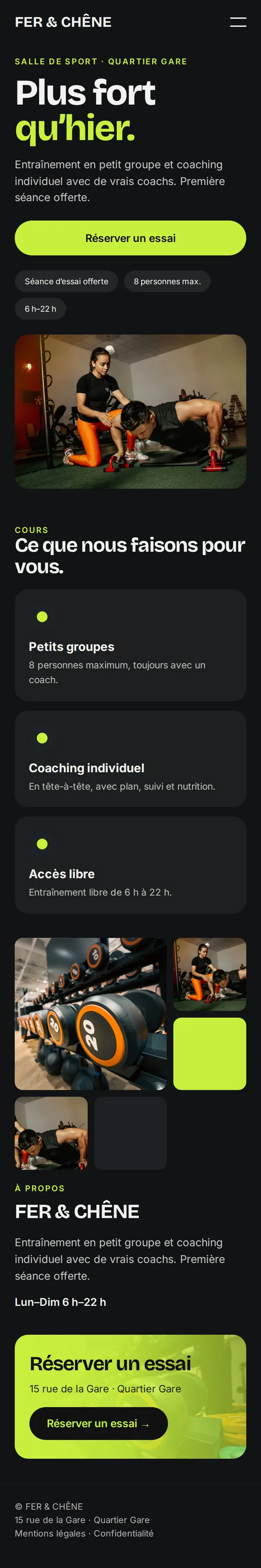 Version mobile de l’exemple de site Web pour les centres d’entraînement et entraîneurs privés