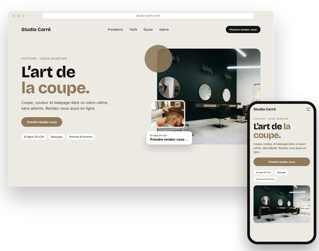 Exemple de site internet pour un salon de coiffure avec prise de rendez-vous en ligne, sur ordinateur portable et smartphone