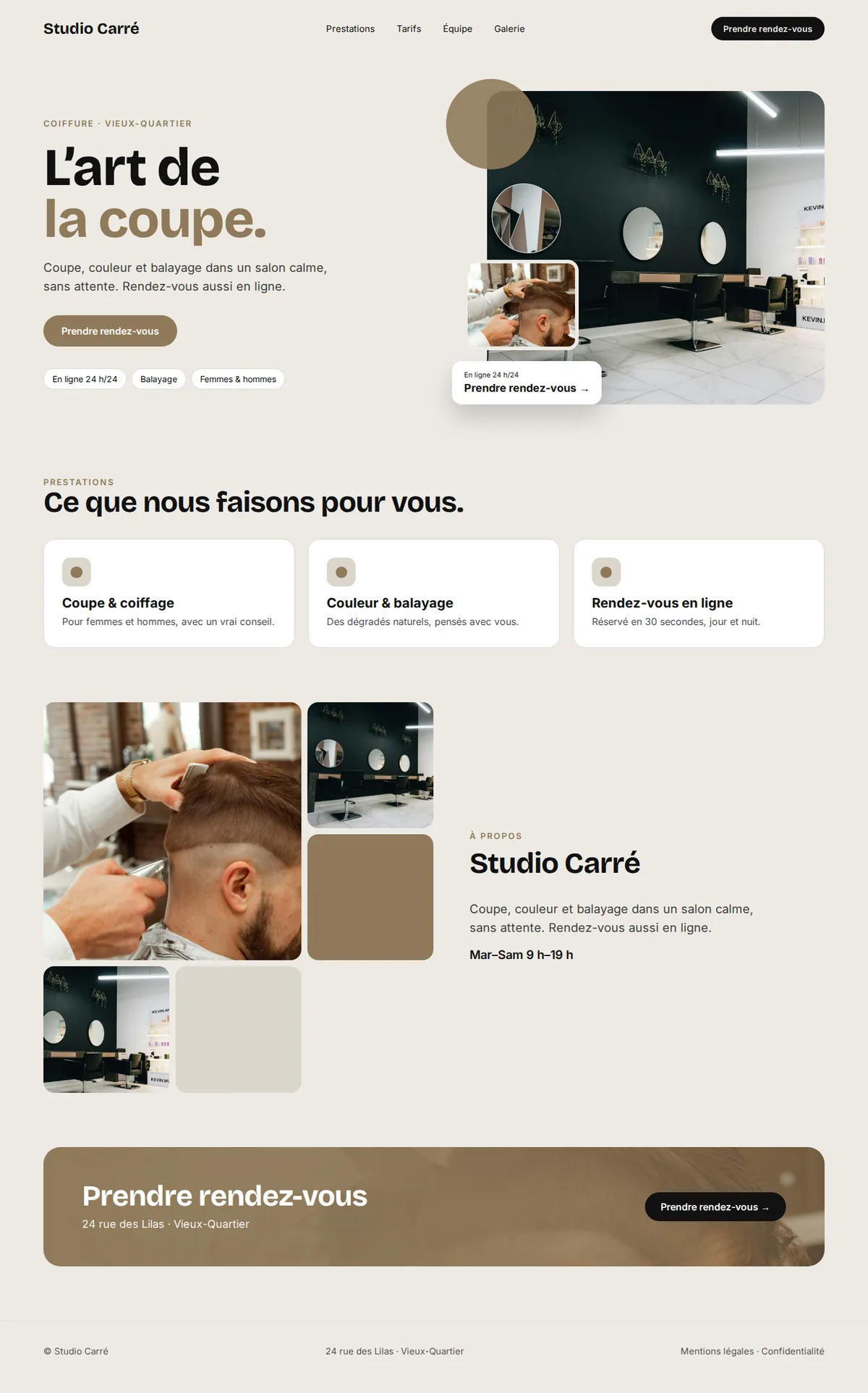 Exemple de site internet complet pour les salons de coiffure sur ordinateur : Studio Carré