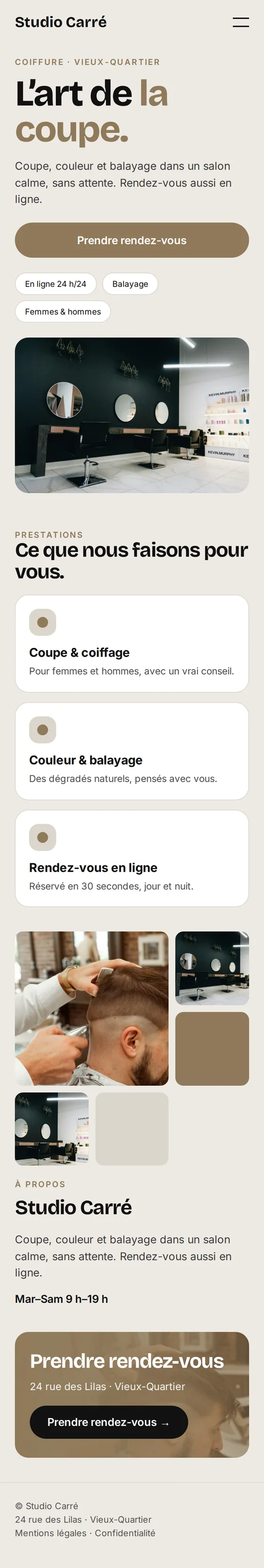 Version mobile de l’exemple de site internet pour les salons de coiffure