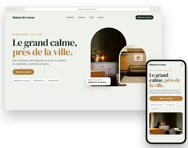 Exemple de site internet pour une chambre d’hôtes avec réservation directe, sur ordinateur portable et smartphone