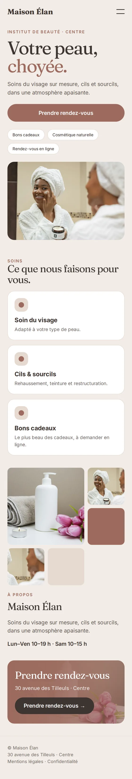 Version mobile de l’exemple de site Web pour les salons d’esthétique