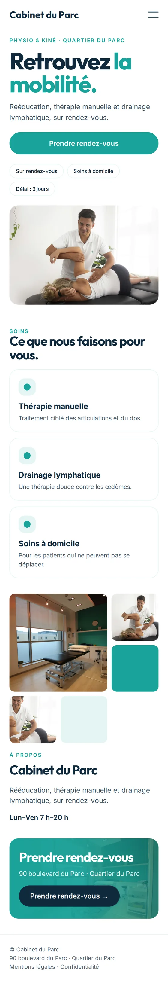 Version mobile de l’exemple de site Web pour les cliniques de physiothérapie