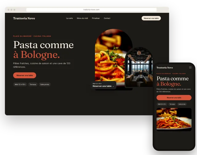 Exemple de site Web pour un restaurant avec réservation en ligne, sur ordinateur portable et cellulaire