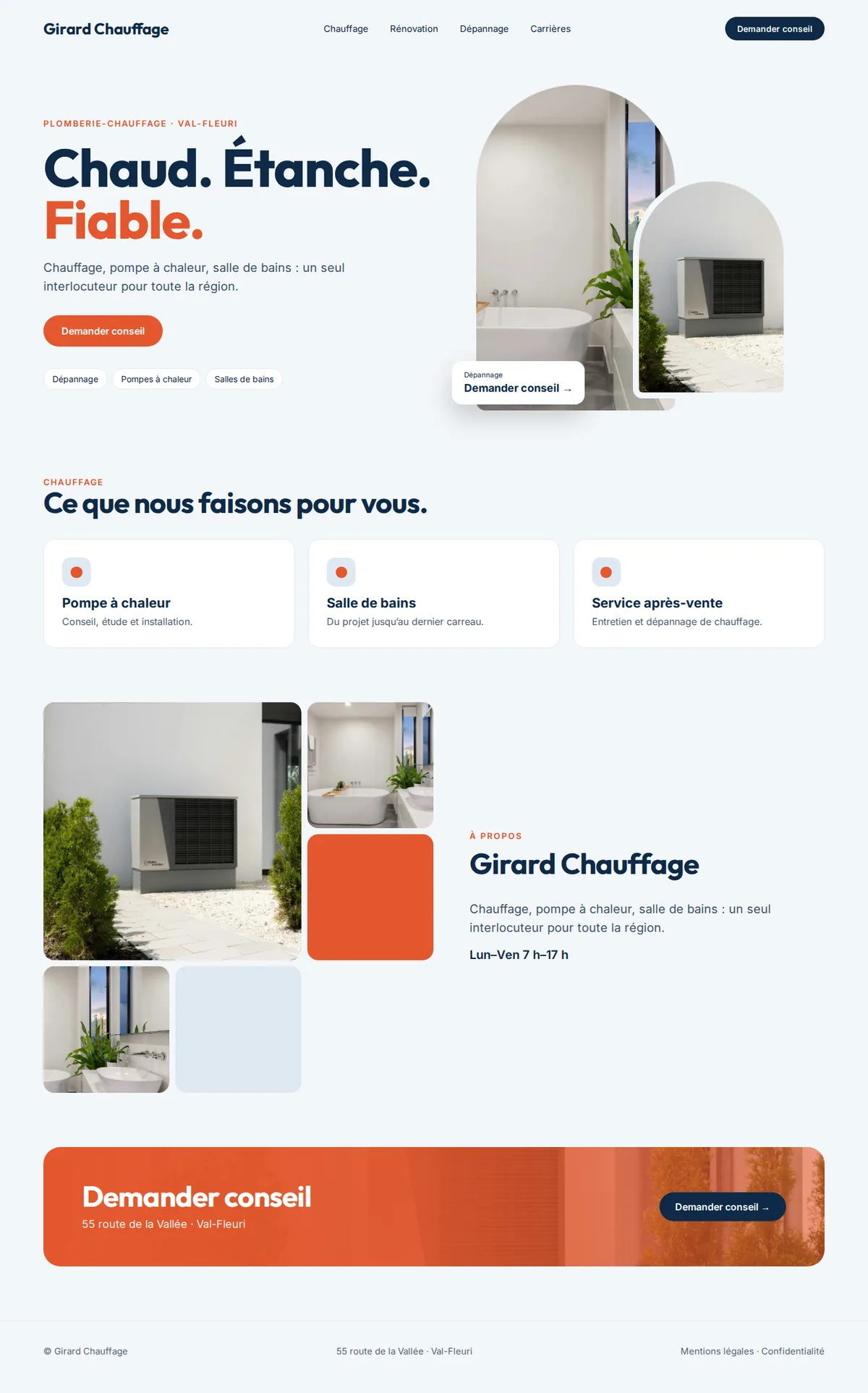 Exemple de site Web complet pour les plombiers et entreprises de chauffage sur ordinateur : Girard Chauffage