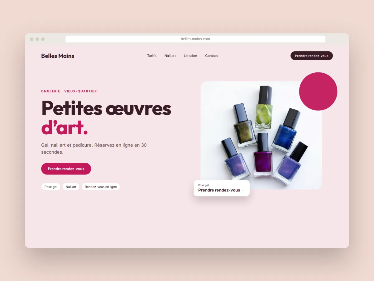 Maquette du site de l’onglerie Belles Mains, avec prise de rendez-vous en ligne