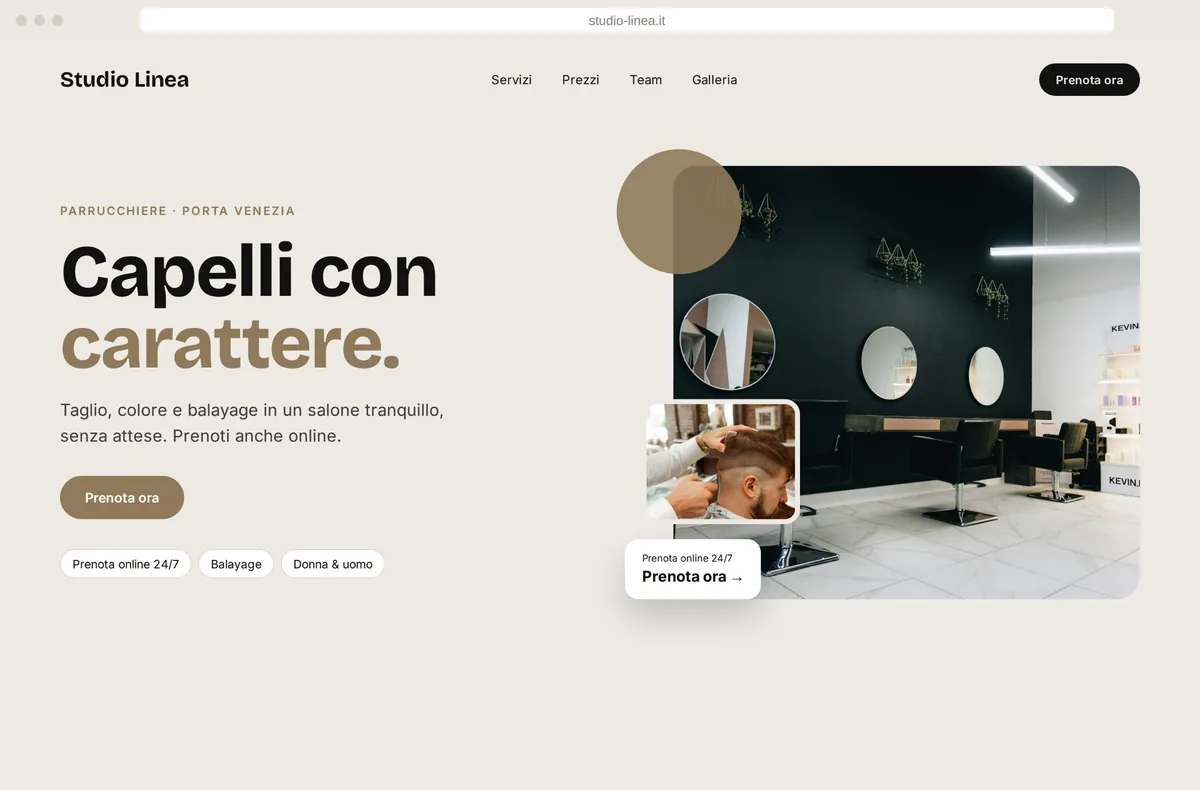 Sito moderno di Studio Linea, parrucchiere a Milano, con titolo «Capelli con carattere.» e prenotazione online