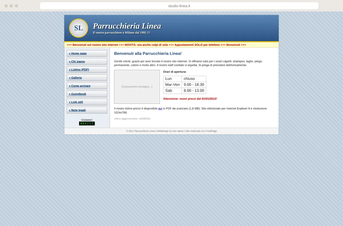 Sito datato della Parrucchieria Linea con contatore visite, testo scorrevole e listino in PDF