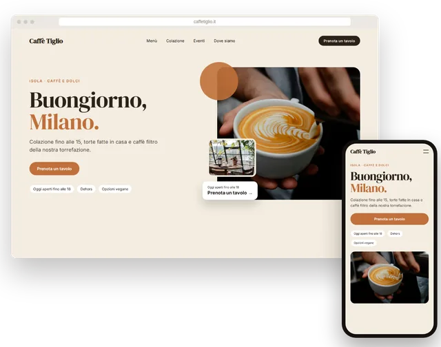 Sito web di esempio per una caffetteria con menu e orari, su portatile e smartphone