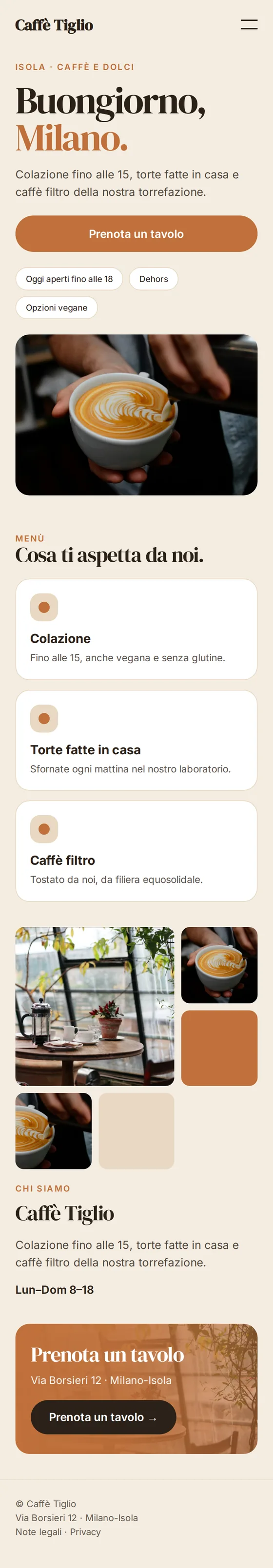 Versione mobile del sito web di esempio per bar e caffetterie