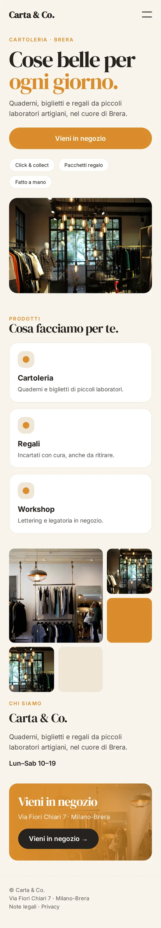Versione mobile del sito web di esempio per negozi e boutique